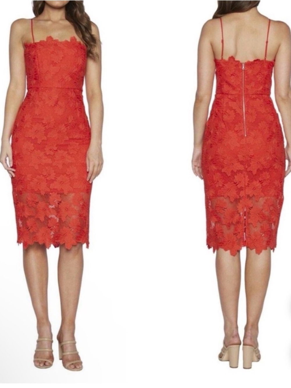 Bardot Red Floral Lace Spaghetti Strap Midi Dress